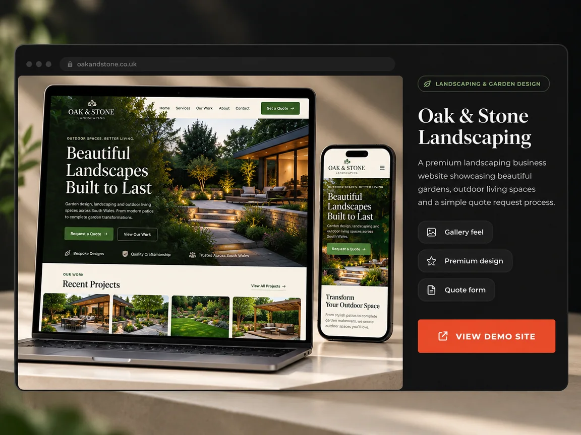 Design showcase for Oak & Stone Landscaping fictional demo website