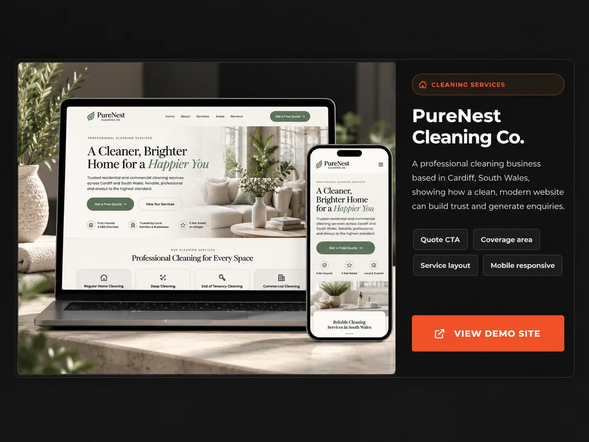 Design showcase for PureNest Cleaning Co. fictional demo website