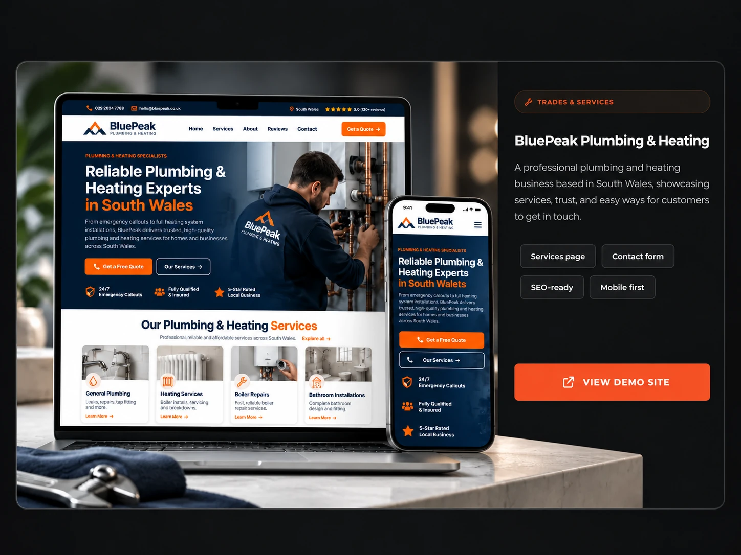 Design showcase for BluePeak Plumbing & Heating fictional demo website