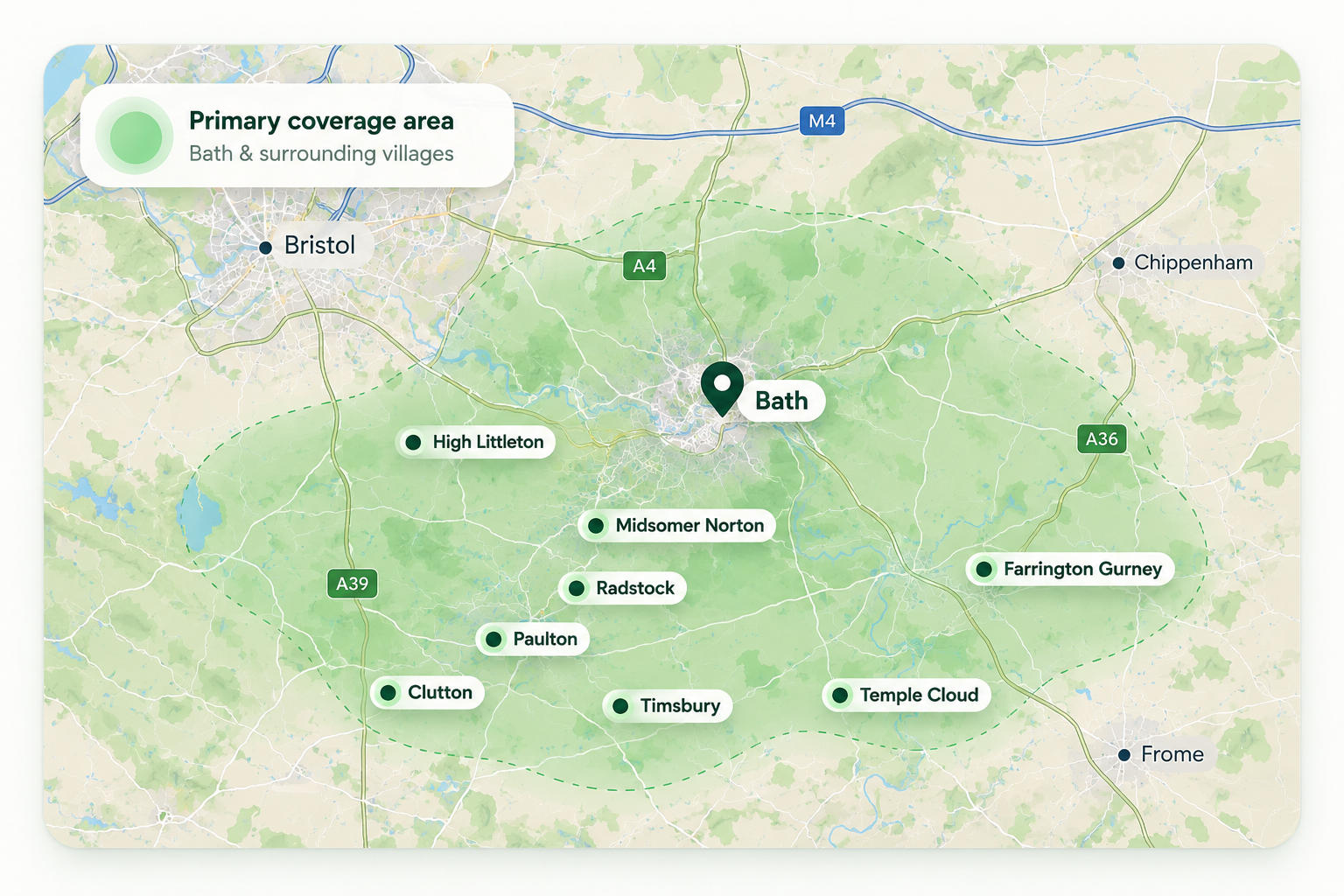 Green Ridge coverage map showing Bath and surrounding Somerset villages